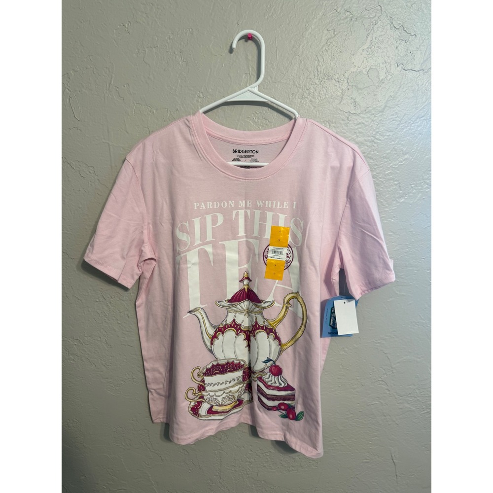 Bridgerton Womens Sip This Tea Graphic T-Shirt Pink Short Sleeve Crew Neck L NWT